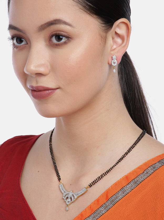 YouBella Black Gold-Plated Stone-Studded  Beaded Dual-Stranded Mangalsutra with Earrings