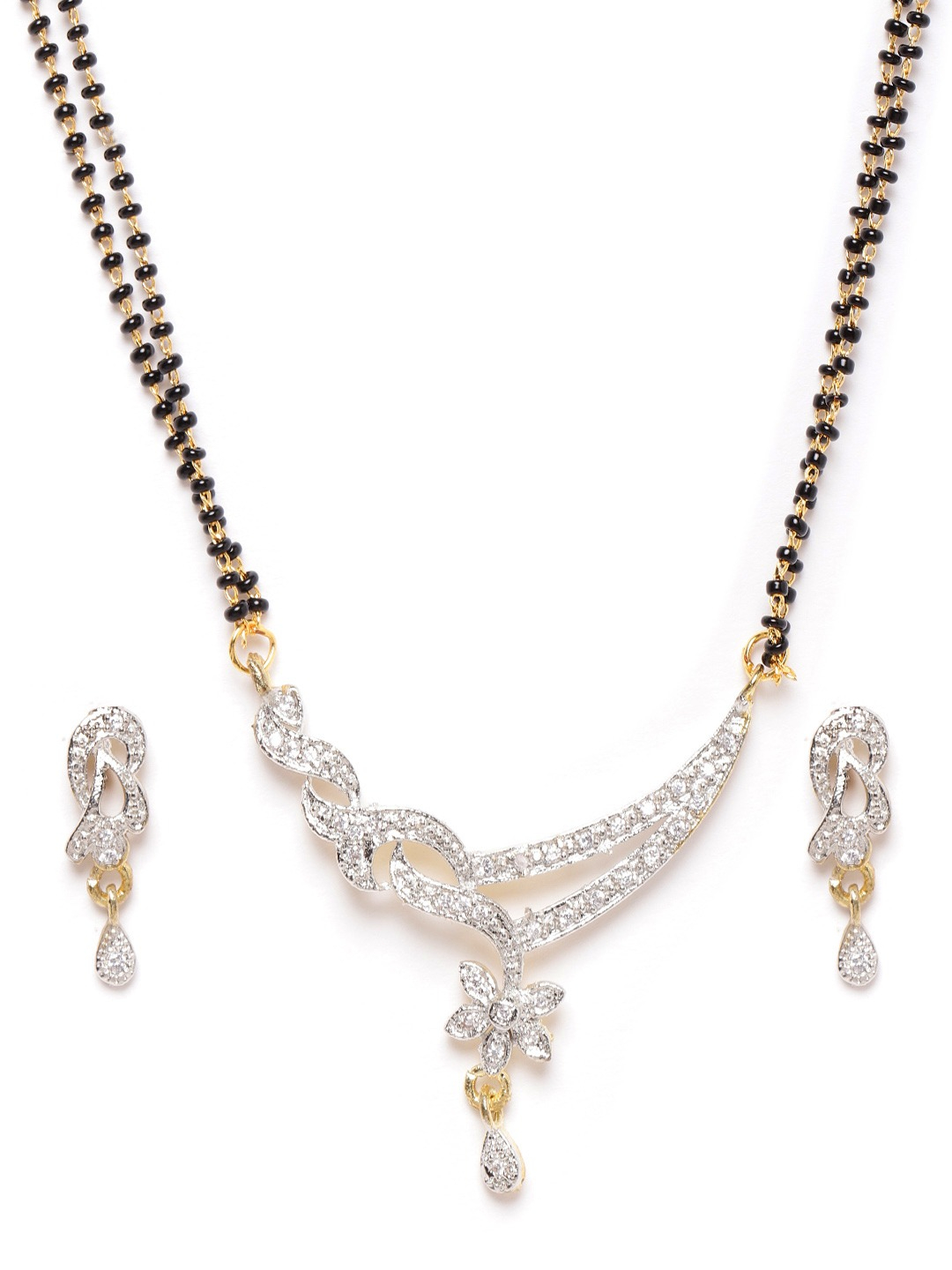 YouBella Black Gold-Plated Stone-Studded  Beaded Dual-Stranded Mangalsutra with Earrings
