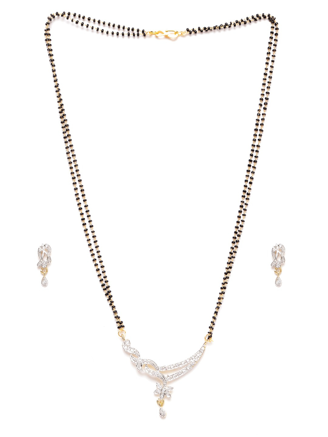 YouBella Black Gold-Plated Stone-Studded  Beaded Dual-Stranded Mangalsutra with Earrings
