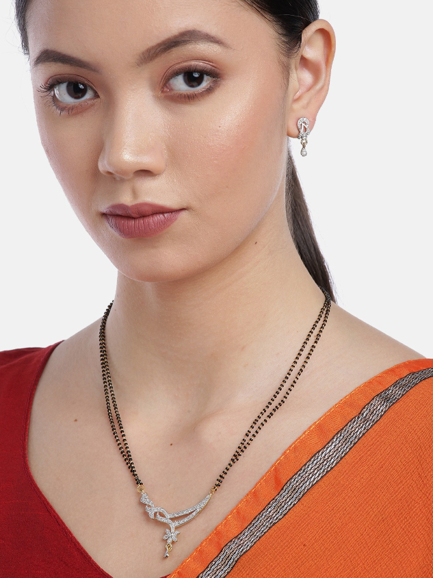 YouBella Black Gold-Plated Stone-Studded  Beaded Dual-Stranded Mangalsutra with Earrings