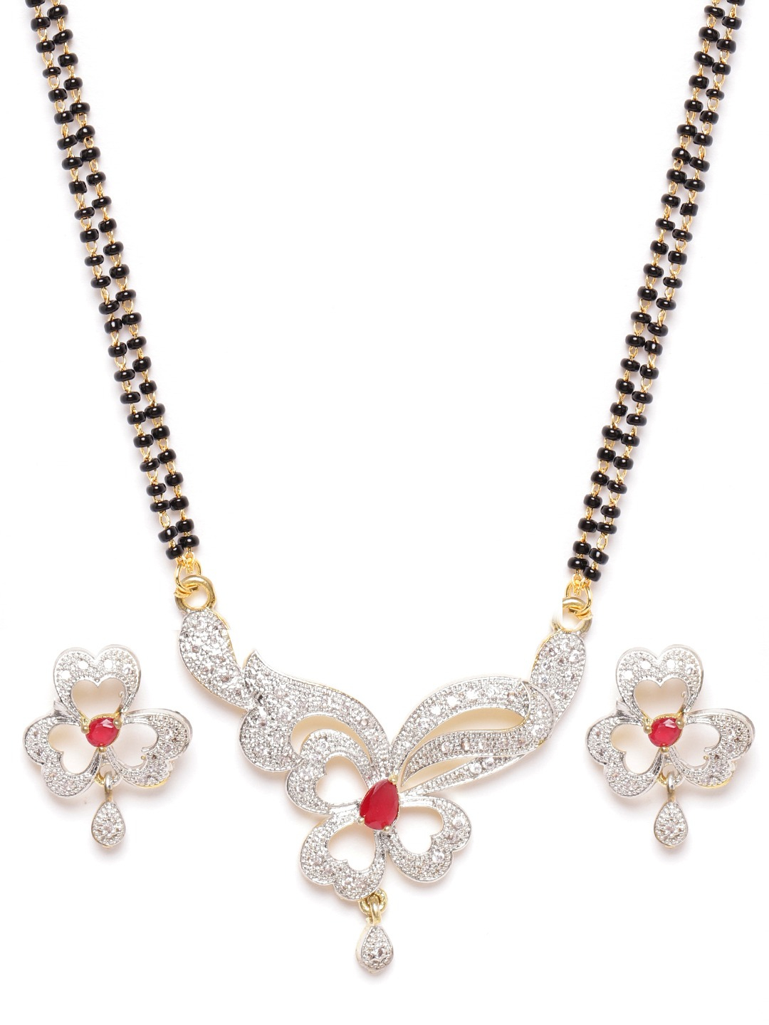 YouBella Black  Pink Gold-Plated Stone-Studded  Beaded Mangalsutra with Studs