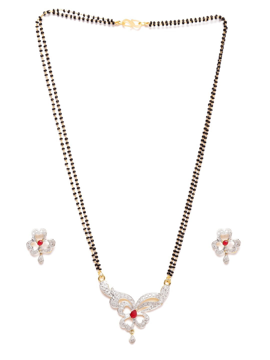 YouBella Black  Pink Gold-Plated Stone-Studded  Beaded Mangalsutra with Studs