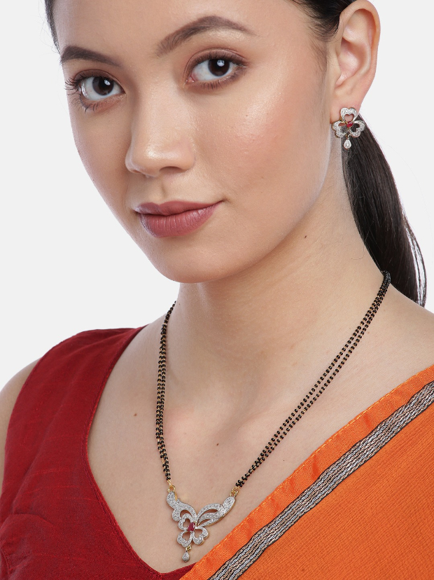 YouBella Black  Pink Gold-Plated Stone-Studded  Beaded Mangalsutra with Studs