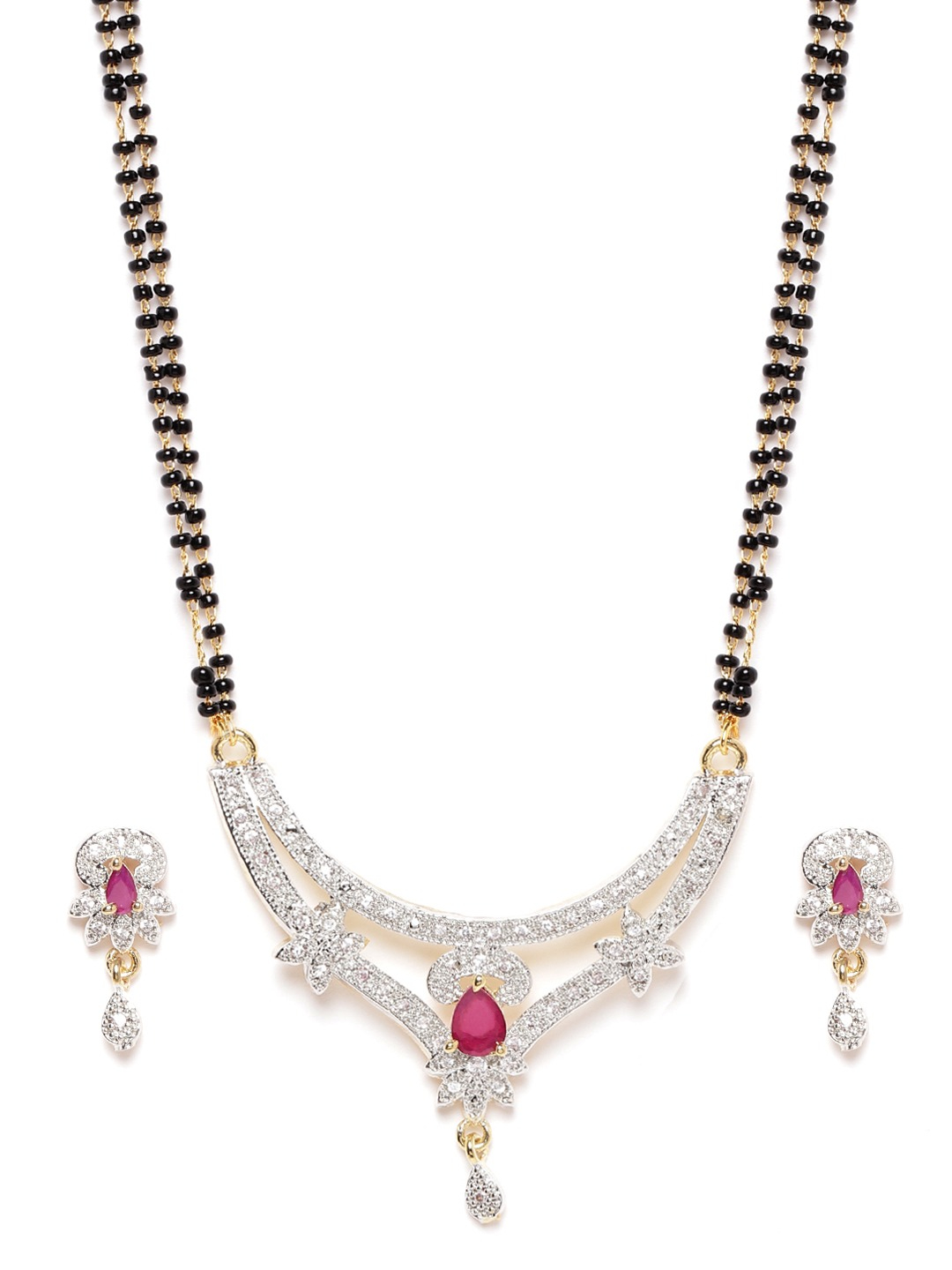 YouBella Black  Magenta Gold-Plated Stone-Studded  Beaded Mangalsutra with Earrings