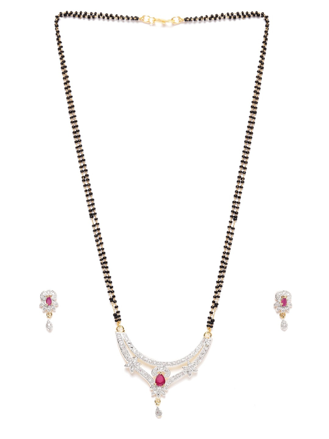 YouBella Black  Magenta Gold-Plated Stone-Studded  Beaded Mangalsutra with Earrings