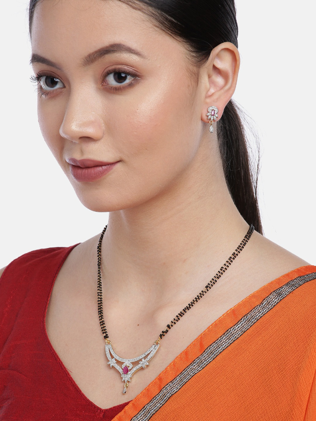 YouBella Black  Magenta Gold-Plated Stone-Studded  Beaded Mangalsutra with Earrings