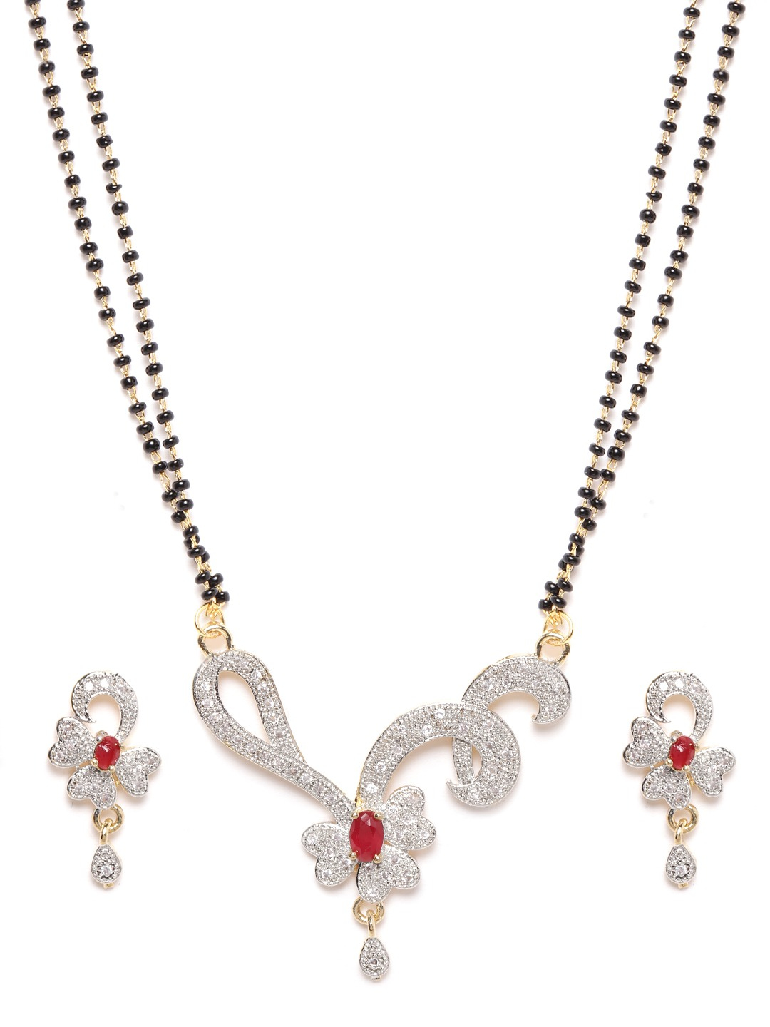 YouBella Black  Pink Gold-Plated Stone-Studded  Beaded Mangalsutra with Earrings