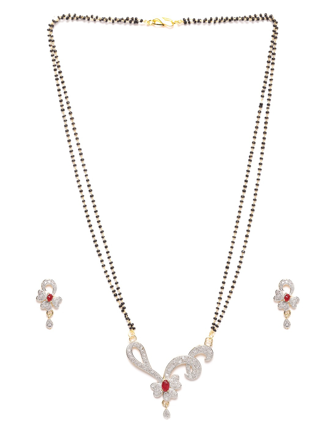 YouBella Black  Pink Gold-Plated Stone-Studded  Beaded Mangalsutra with Earrings