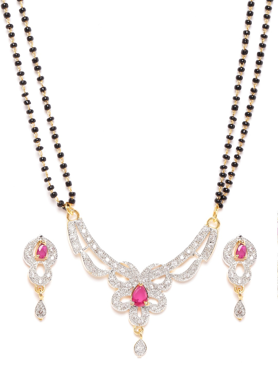 YouBella Black  Pink Gold-Plated Stone-Studded  Beaded Mangalsutra with Earrings