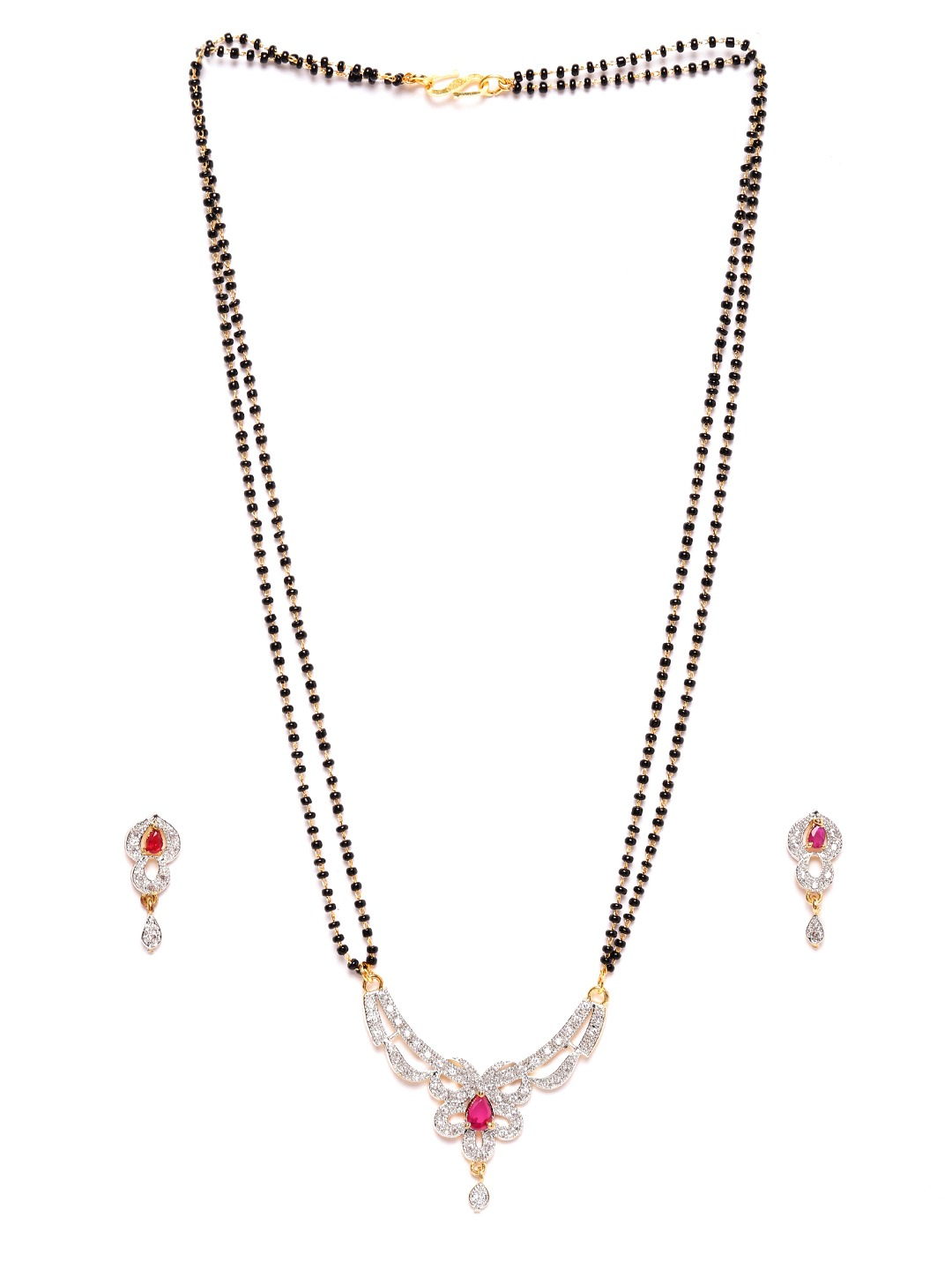 YouBella Black  Pink Gold-Plated Stone-Studded  Beaded Mangalsutra with Earrings