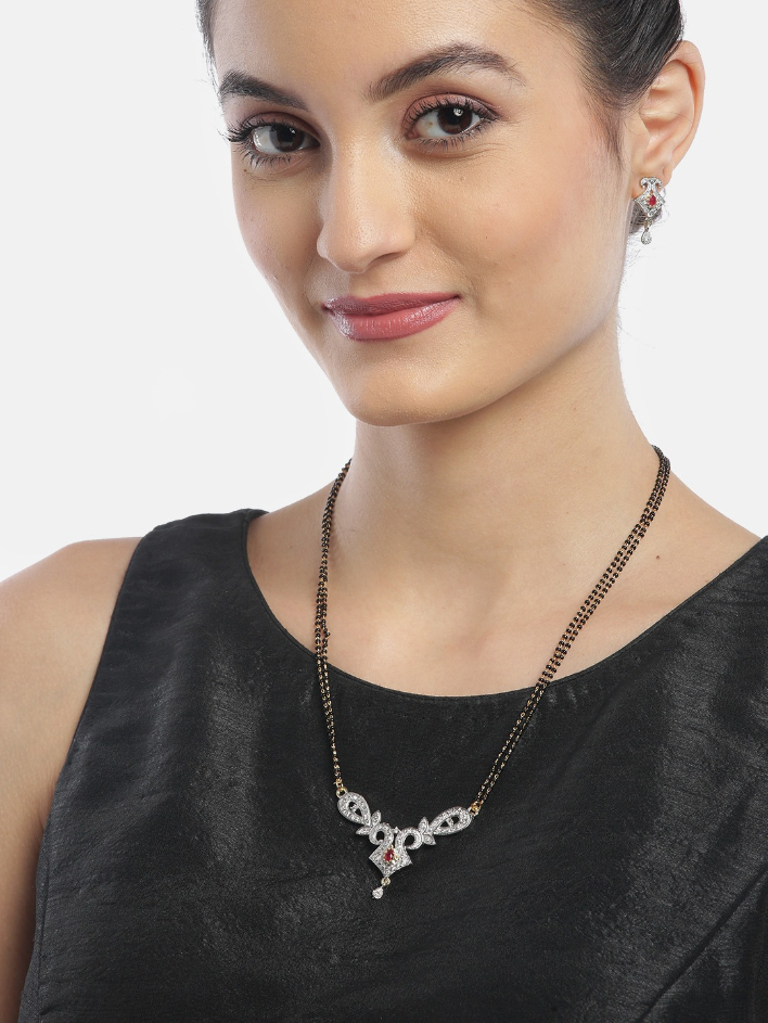 YouBella Black Gold-Plated Beaded  Stone-Studded Mangalsutra  Earrings Set