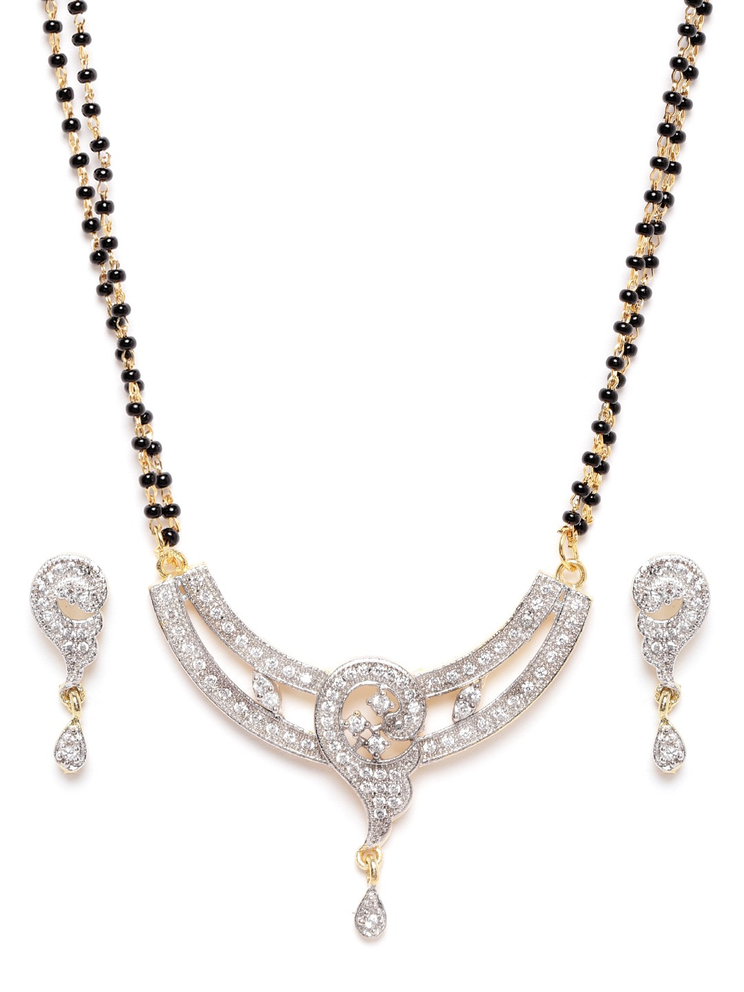 YouBella Black Gold-Plated Stone-Studded  Beaded Dual-Stranded Mangalsutra with Earrings