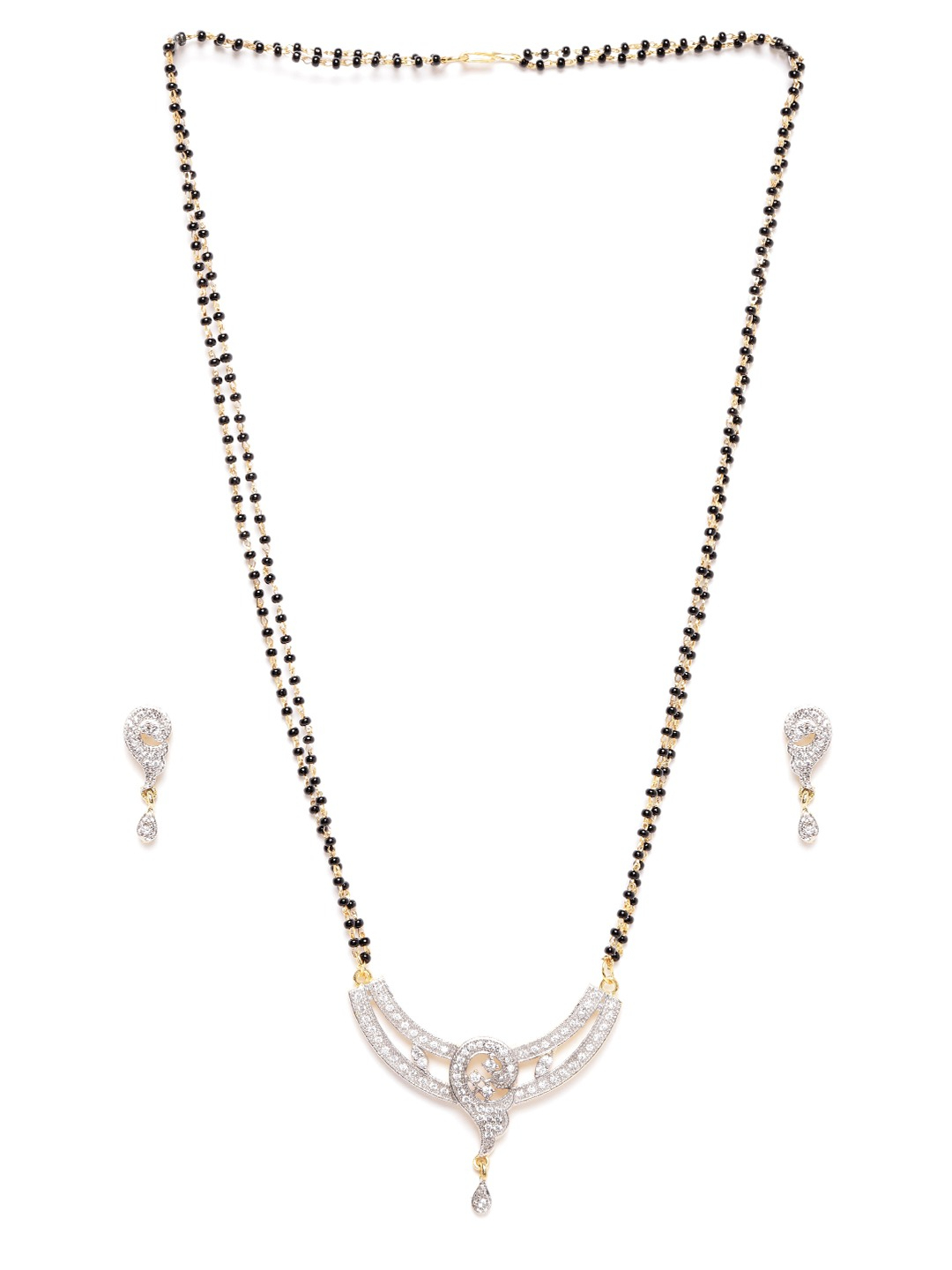 YouBella Black Gold-Plated Stone-Studded  Beaded Dual-Stranded Mangalsutra with Earrings