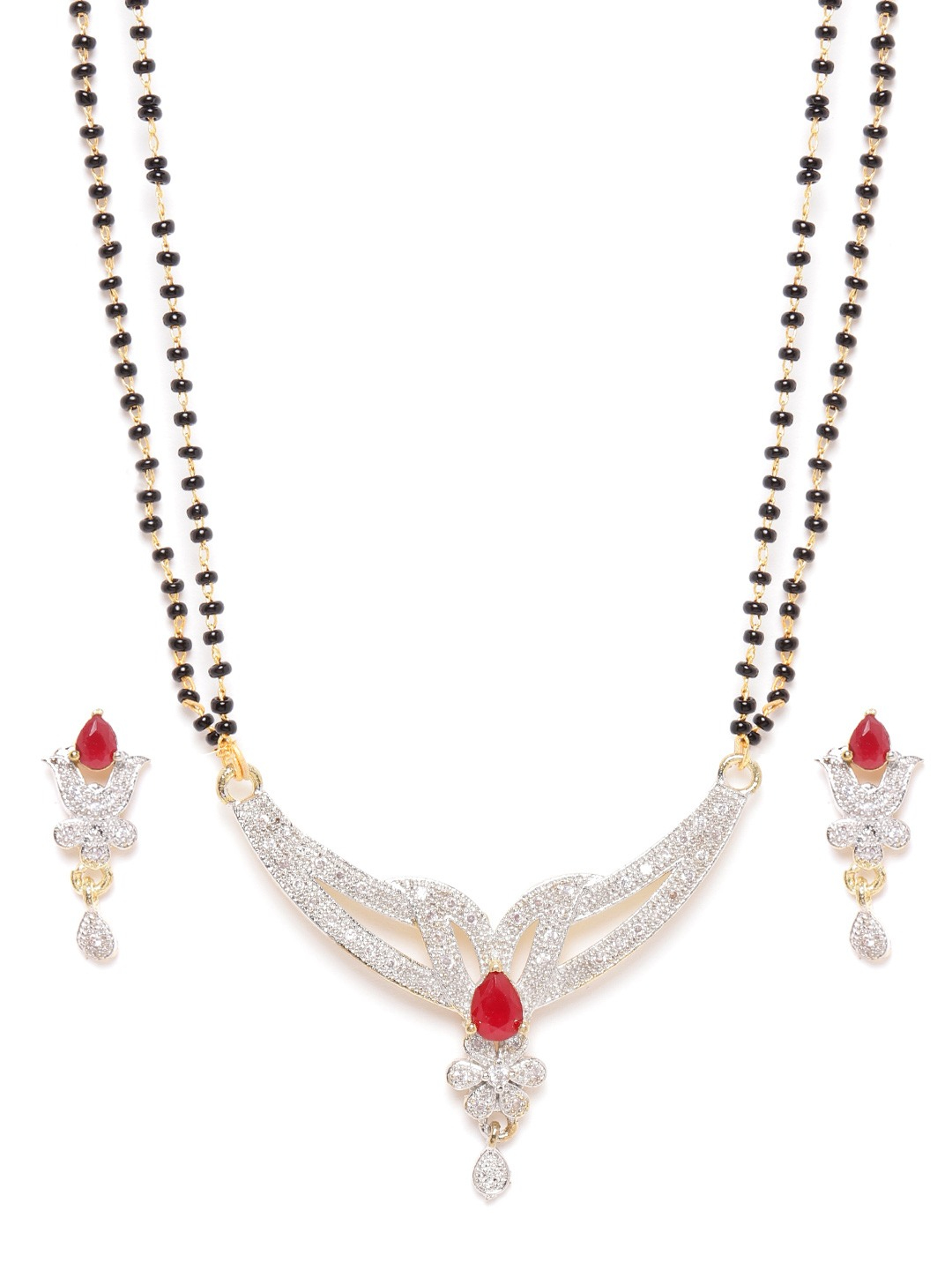 YouBella Black  Pink Gold-Plated Beaded  Stone-Studded Mangalsutra  Earrings Set