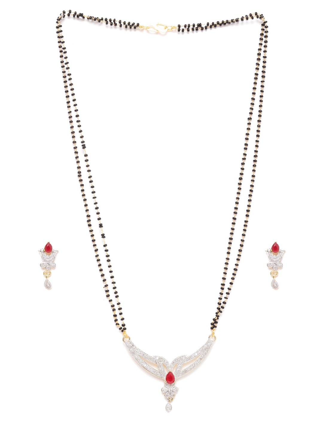 YouBella Black  Pink Gold-Plated Beaded  Stone-Studded Mangalsutra  Earrings Set