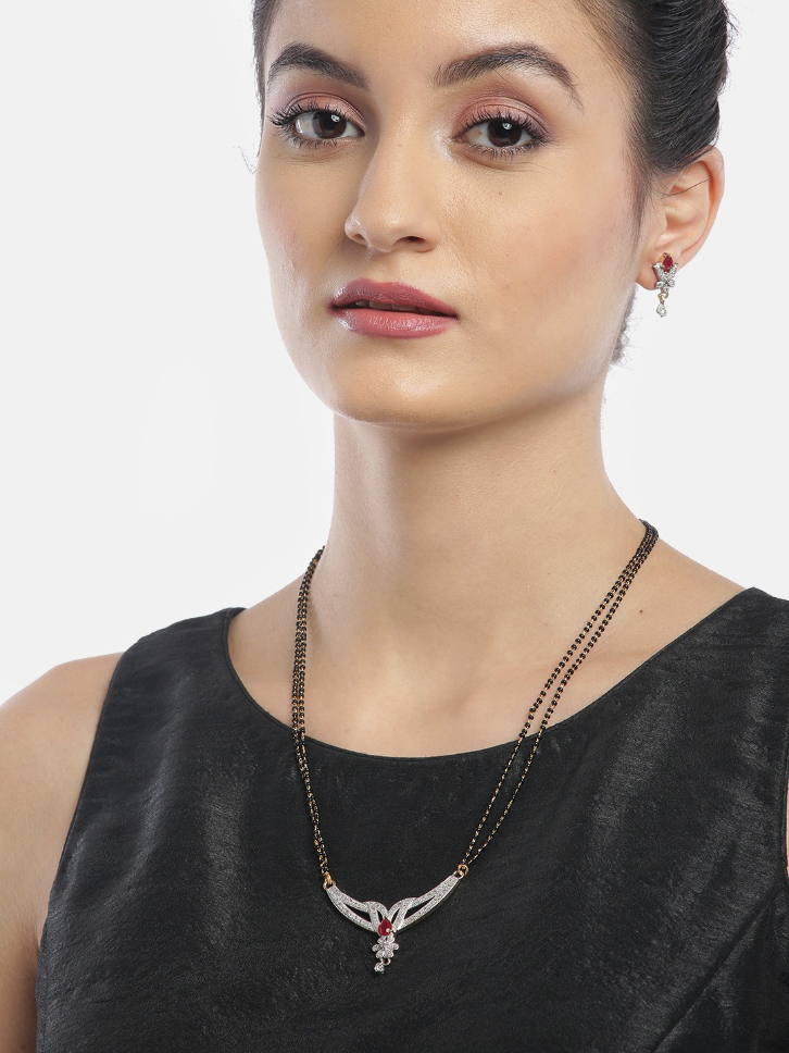 YouBella Black  Pink Gold-Plated Beaded  Stone-Studded Mangalsutra  Earrings Set