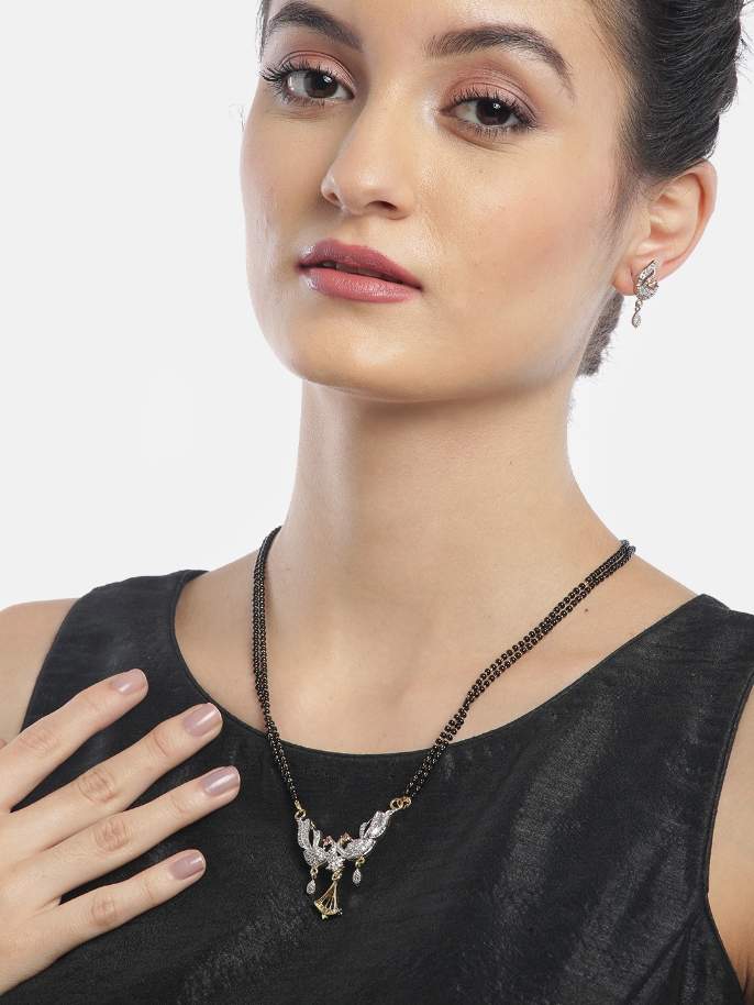 YouBella Black Gold-Plated Beaded  Stone-Studded Mangalsutra  Earrings Set