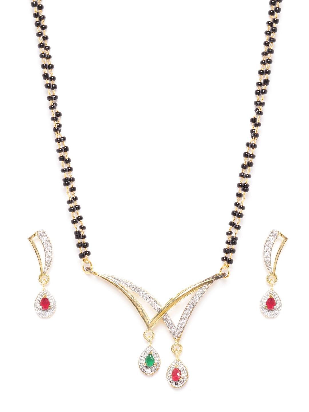 YouBella Black  Pink Gold-Plated Beaded  Stone-Studded Mangalsutra  Earrings Set