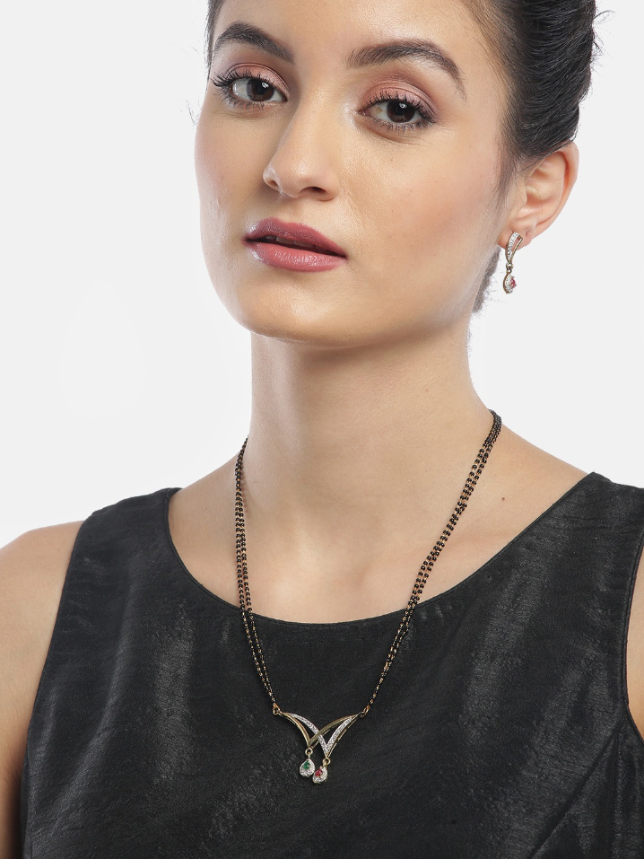 YouBella Black  Pink Gold-Plated Beaded  Stone-Studded Mangalsutra  Earrings Set