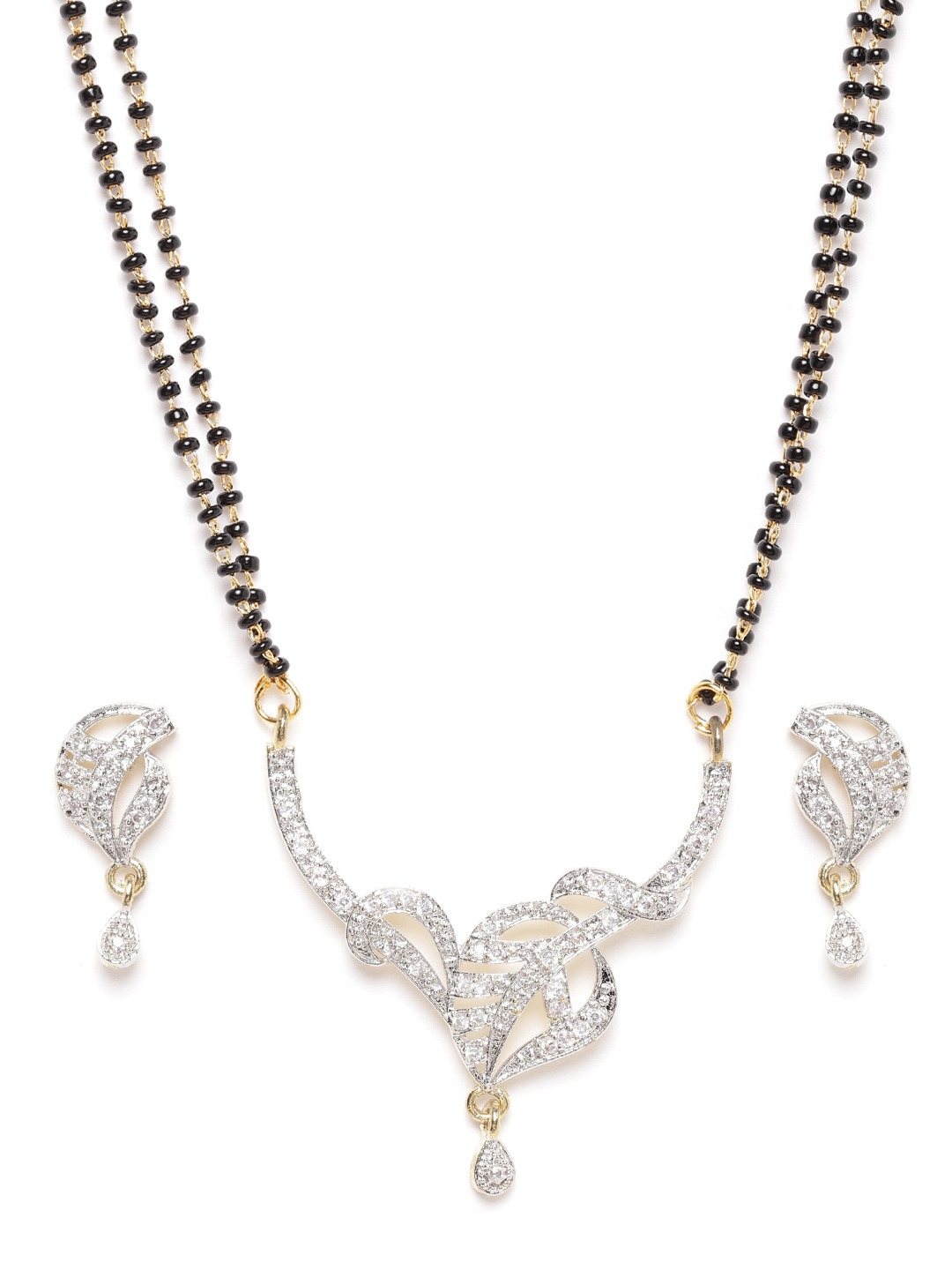 YouBella Black Gold-Plated Stone-Studded  Beaded Dual-Stranded Mangalsutra with Earrings