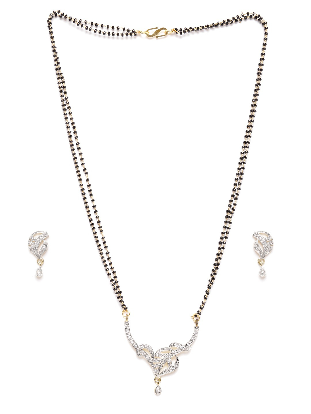 YouBella Black Gold-Plated Stone-Studded  Beaded Dual-Stranded Mangalsutra with Earrings