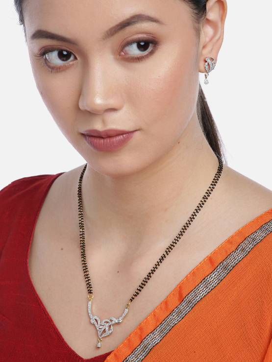 YouBella Black Gold-Plated Stone-Studded  Beaded Dual-Stranded Mangalsutra with Earrings