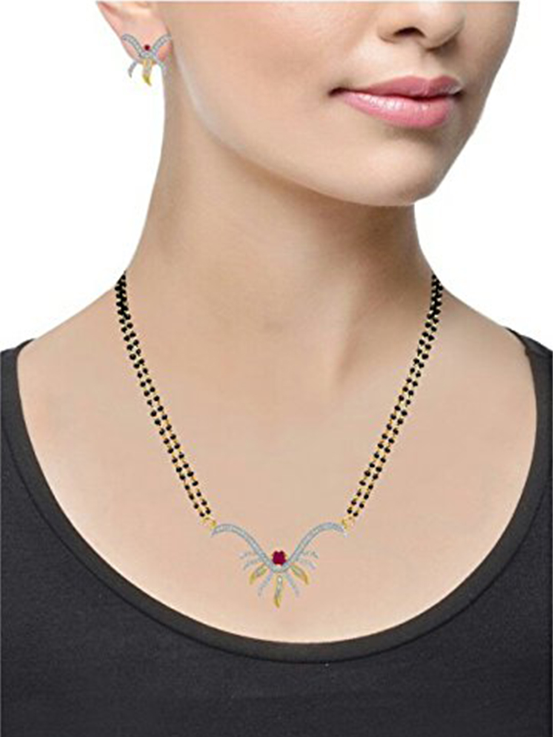 YouBella Women's Pride American Diamond Gold Plated Mangalsutra Pendant with Chain and Earrings for Women