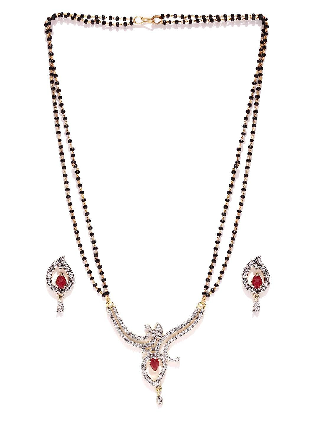 YouBella Women Fashions Gold-Plated Red & White Stone & Black Beaded Mangalsutra With Earrings