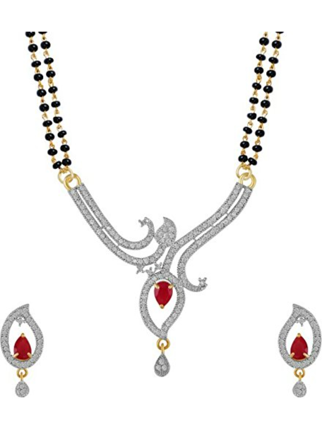 YouBella Women Fashions Gold-Plated Red & White Stone & Black Beaded Mangalsutra With Earrings