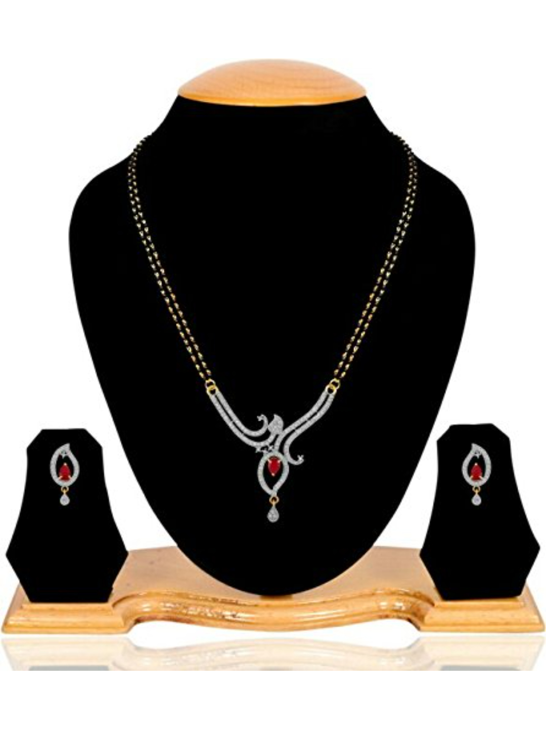 YouBella Women Fashions Gold-Plated Red & White Stone & Black Beaded Mangalsutra With Earrings