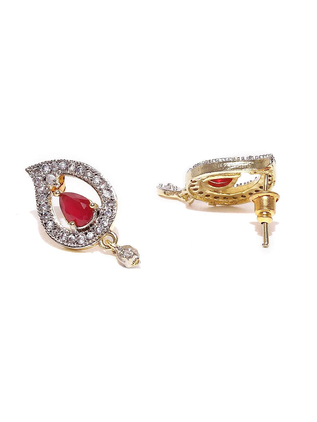 YouBella Women Fashions Gold-Plated Red & White Stone & Black Beaded Mangalsutra With Earrings