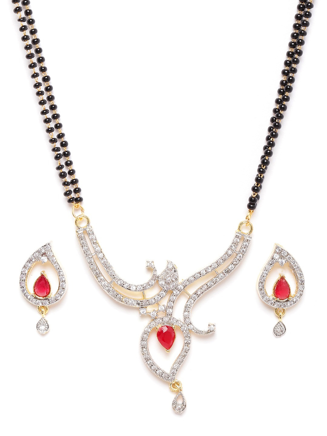 YouBella Black  Pink Gold-Plated Stone-Studded  Beaded Mangalsutra with Studs