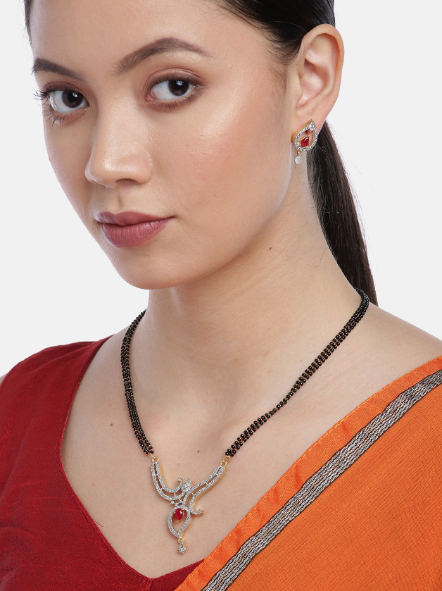 YouBella Black  Pink Gold-Plated Stone-Studded  Beaded Mangalsutra with Studs
