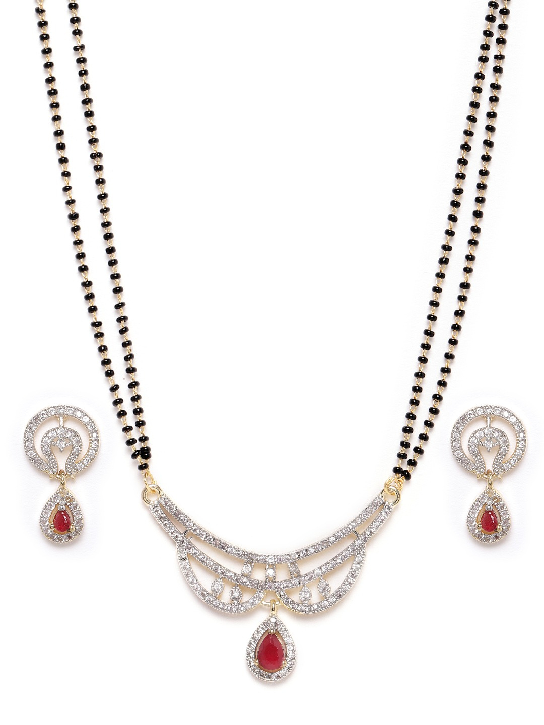 YouBella Black  Pink Gold-Plated Stone-Studded  Beaded Mangalsutra with Earrings