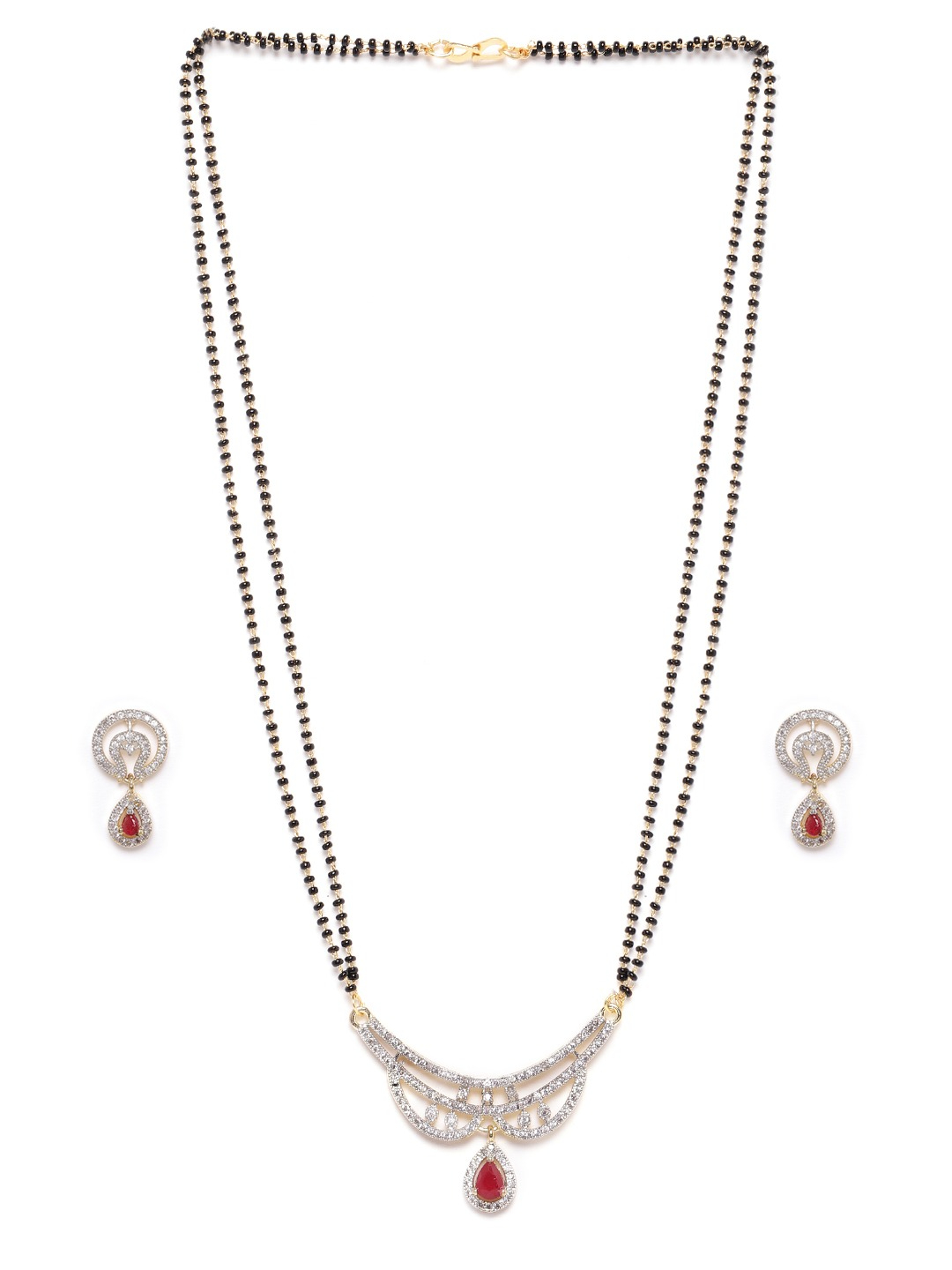 YouBella Black  Pink Gold-Plated Stone-Studded  Beaded Mangalsutra with Earrings