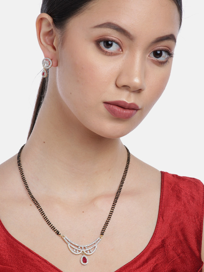 YouBella Black  Pink Gold-Plated Stone-Studded  Beaded Mangalsutra with Earrings