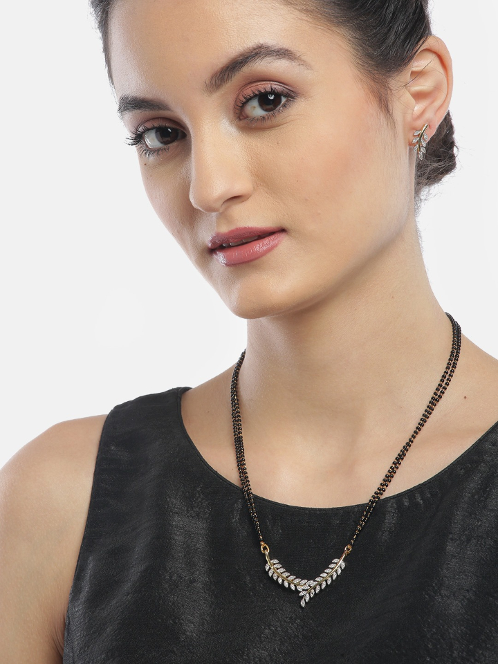 YouBella Black Gold-Plated Beaded  Stone-Studded Mangalsutra  Earrings Set