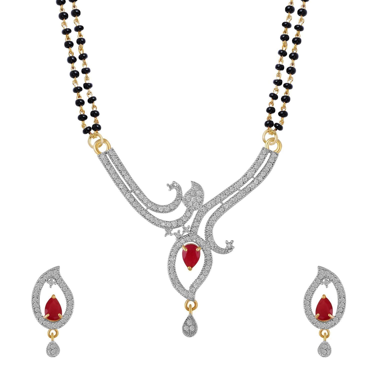 YouBella American Diamond Gold Plated Mangalsutra Pendant with Chain and Earrings for Women