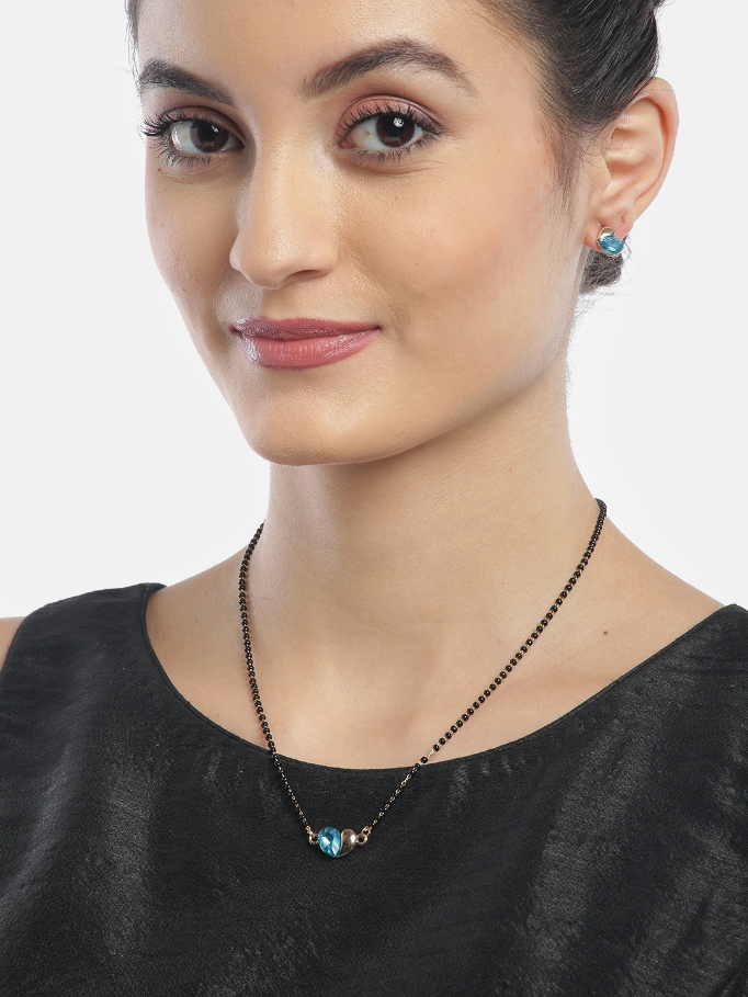 YouBella Black  Blue Gold-Plated Beaded  Stone-Studded Mangalsutra  Earrings Set