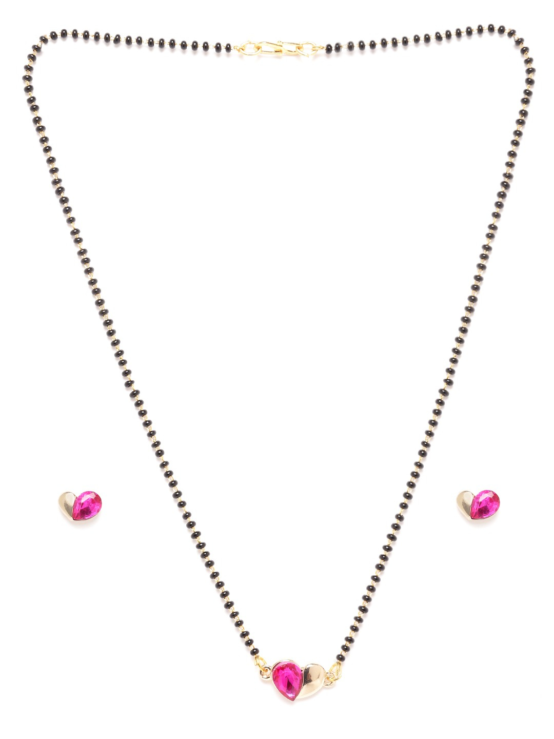 YouBella Black  Pink Gold-Plated Stone-Studded  Beaded Mangalsutra with Earrings
