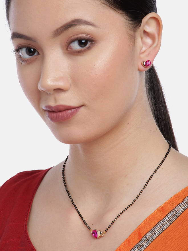YouBella Black  Pink Gold-Plated Stone-Studded  Beaded Mangalsutra with Earrings
