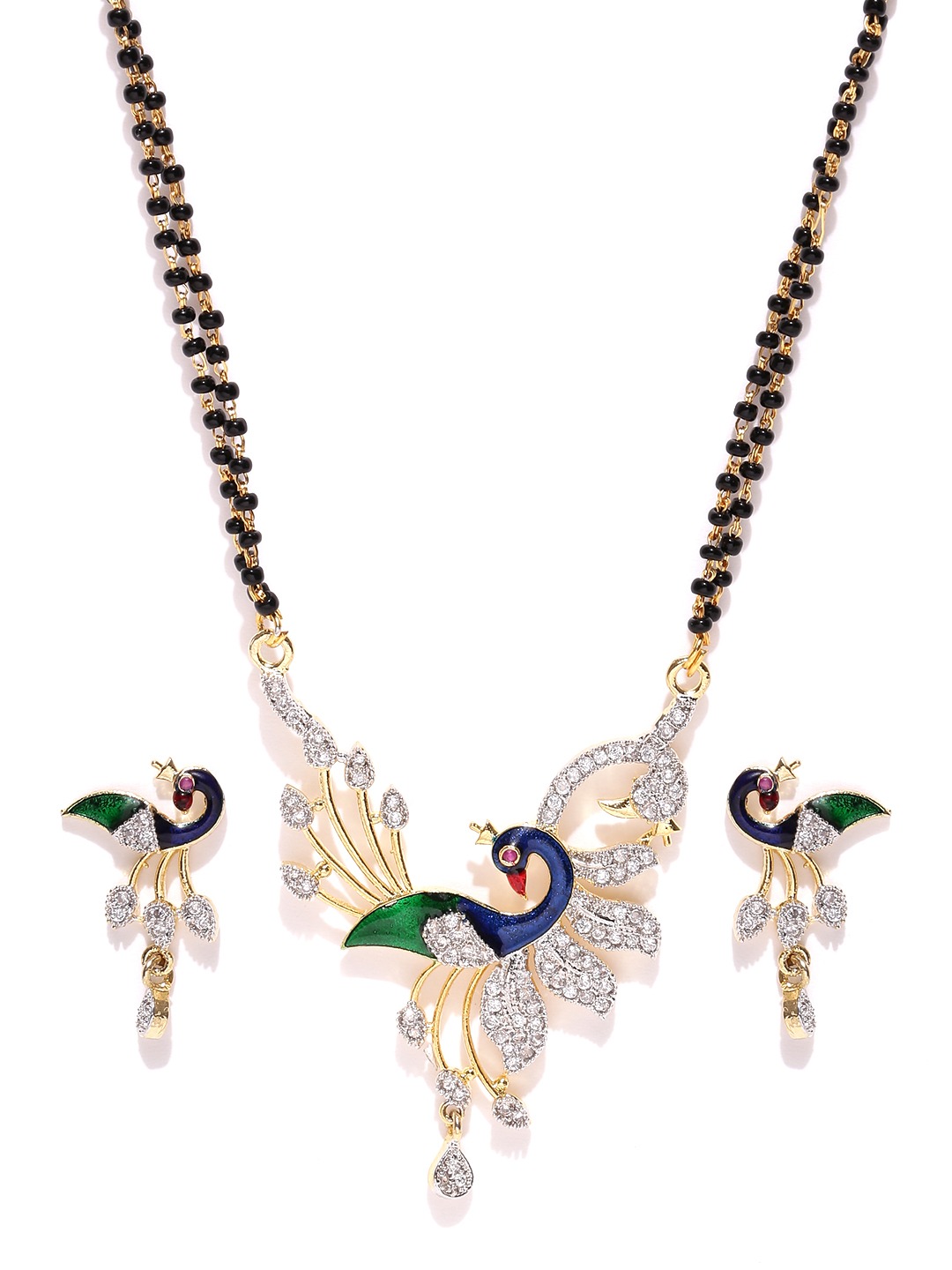 YouBella Peacock Style American Diamond Gold Plated Mangalsutra Pendant with Chain and Earrings for Women
