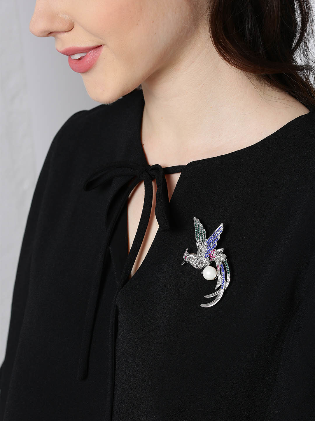 YouBella Unisex Blue  Silver-Toned Stone-Studded Phoenix-Shaped Brooch