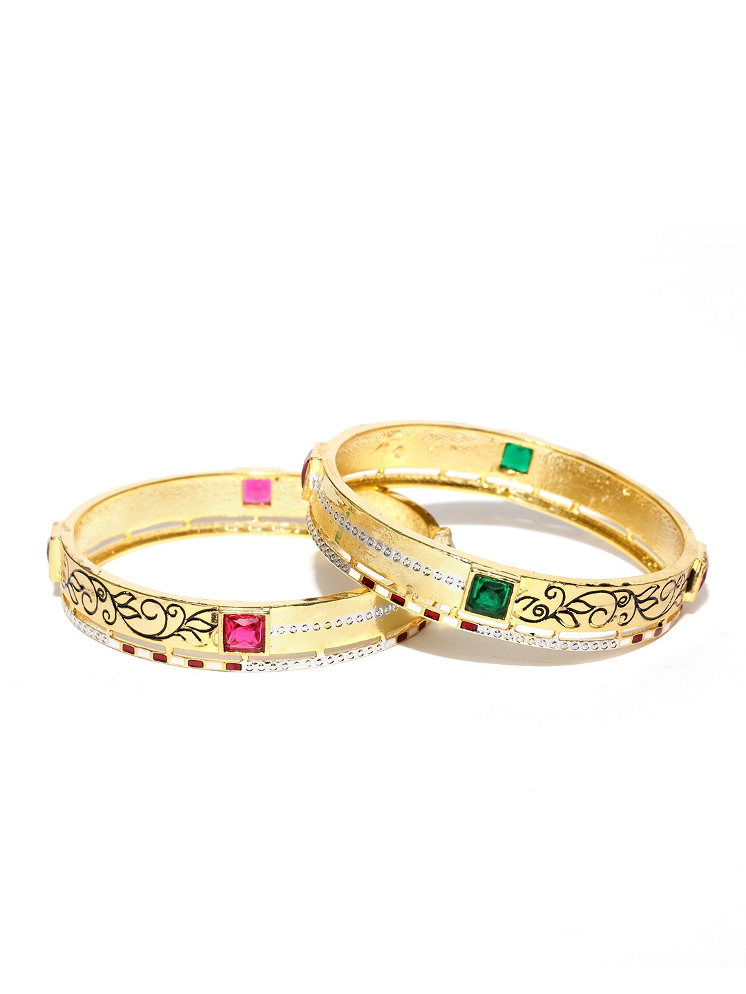 YouBella Set of 2 Green  Pink Gold-Plated Stone-Studded Bangles