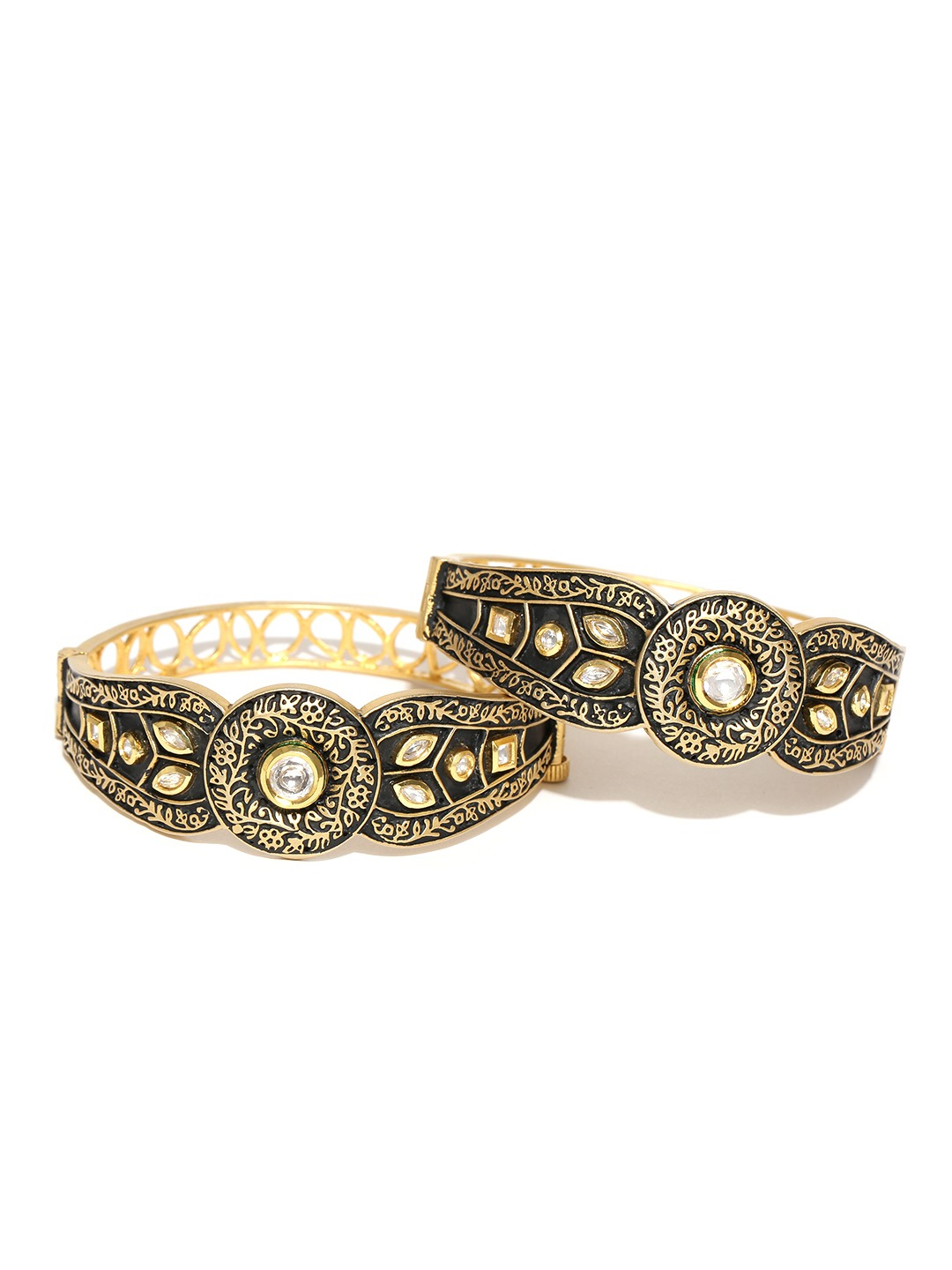 YouBella Set of 2 Black Gold-Plated Kundan Stone-Studded Bangles