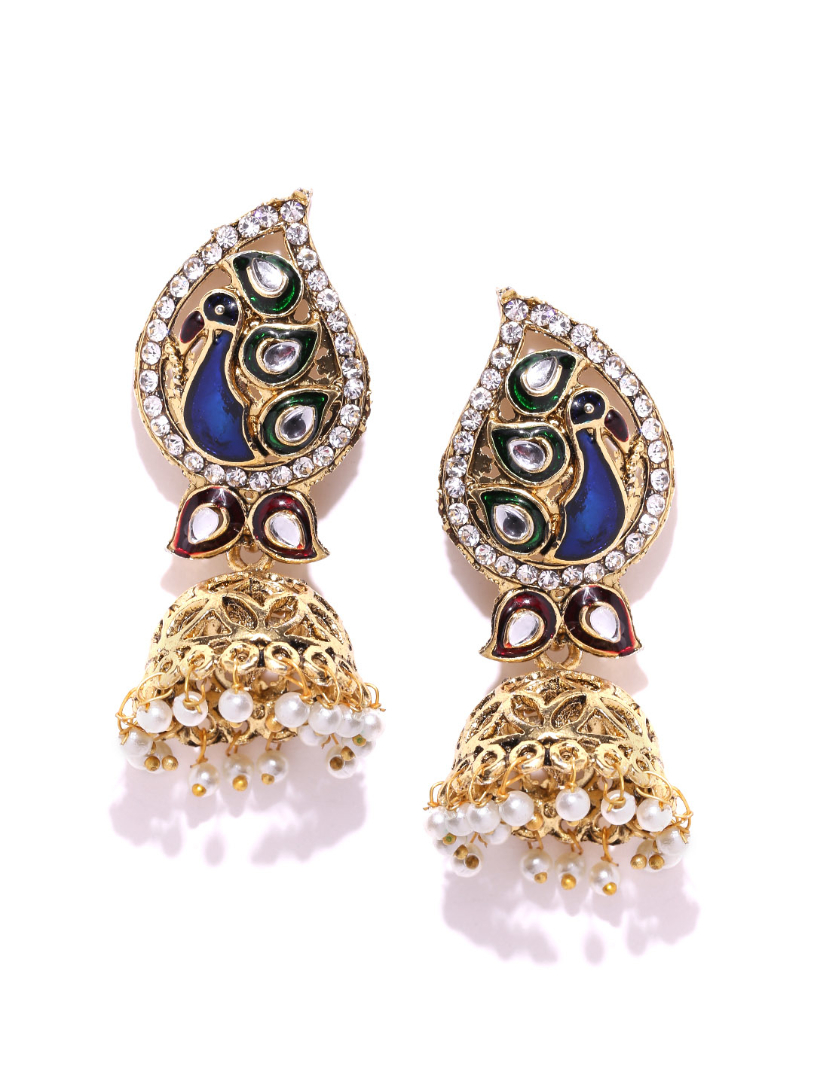 YouBella Gold-Toned  Blue Peacock-Shaped Jhumkas