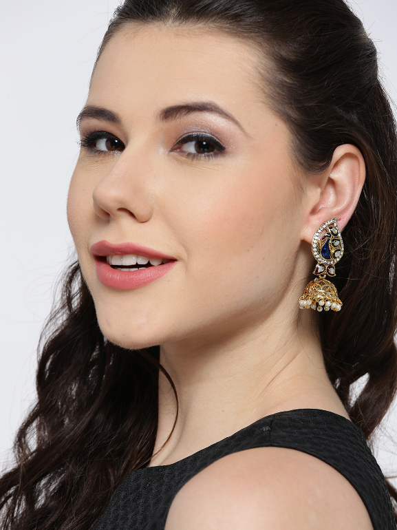 YouBella Gold-Toned  Blue Peacock-Shaped Jhumkas