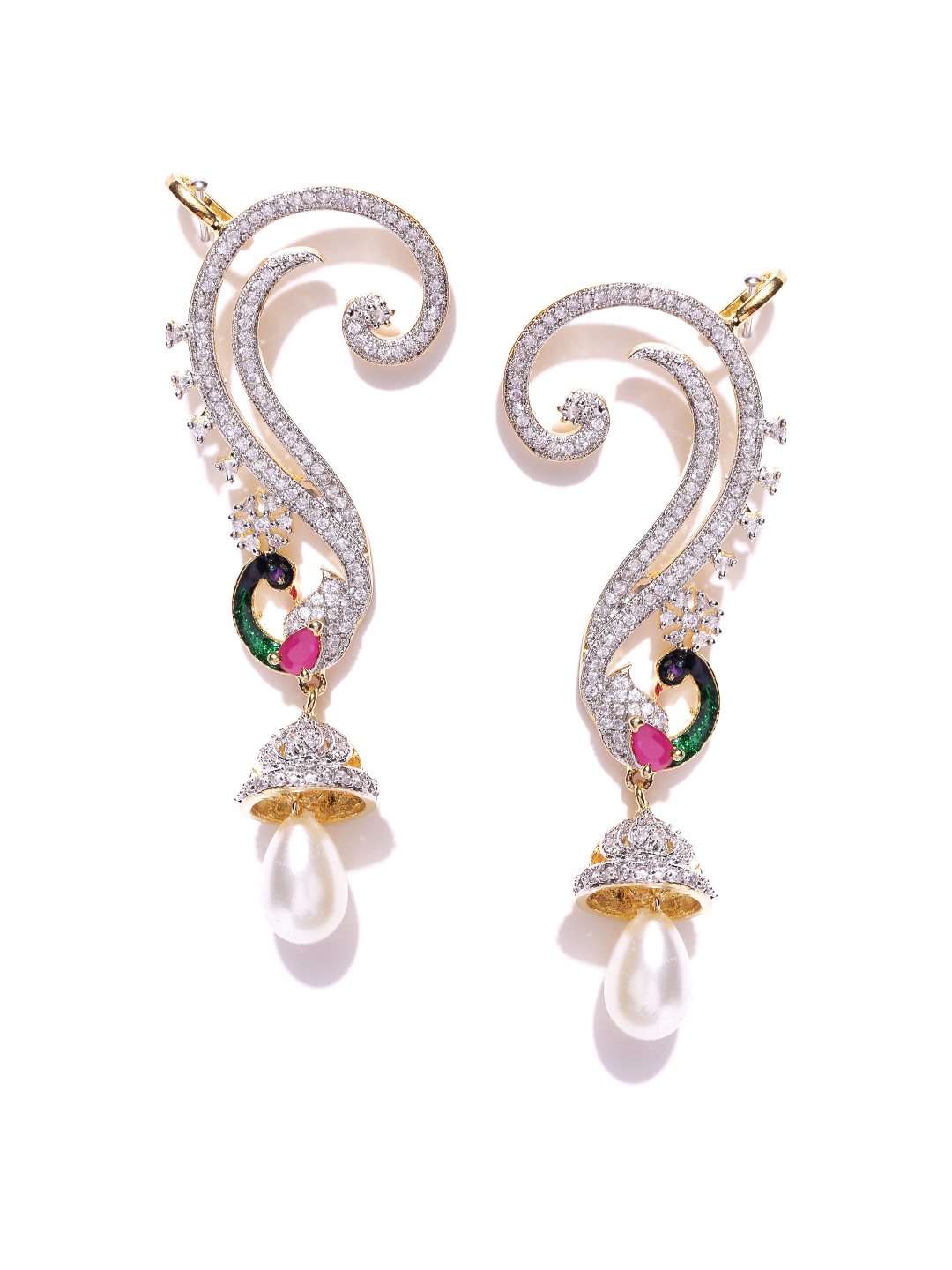 YouBella Silver-Toned  Off-White Peacock-Shaped Drop Earrings