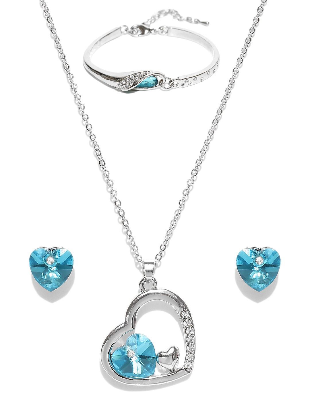 YouBella Blue Silver-Plated Heart-Shaped Stone-Studded Jewellery Set
