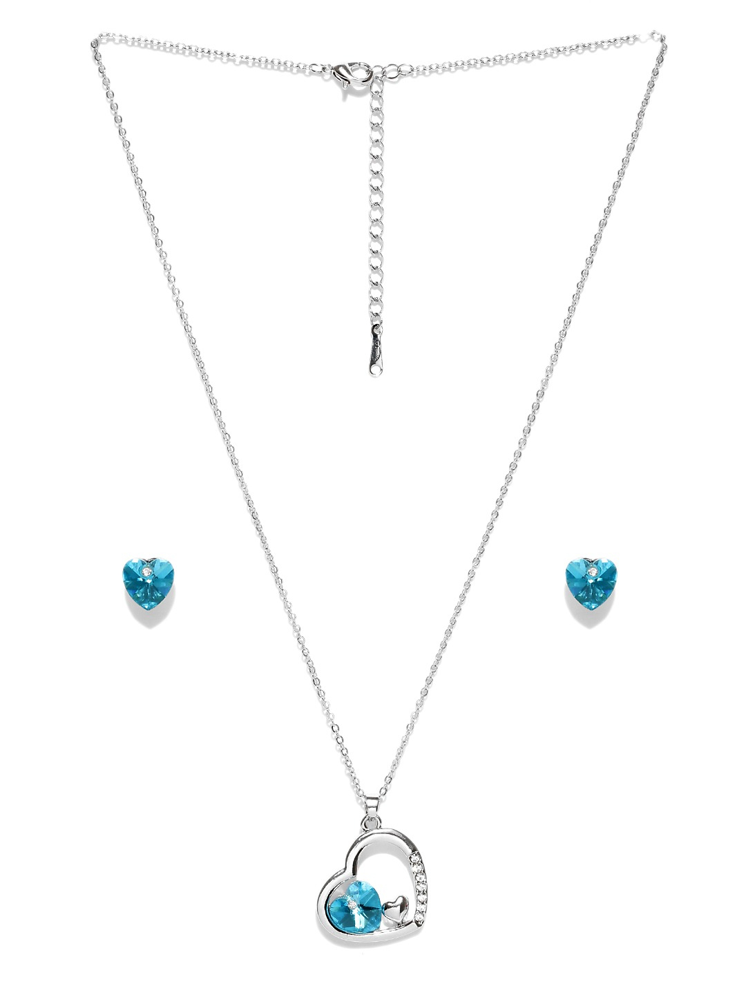 YouBella Blue Silver-Plated Heart-Shaped Stone-Studded Jewellery Set